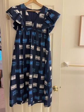 TCEC Navy Blue Midi Dress with White and Blue Brushstroke Print